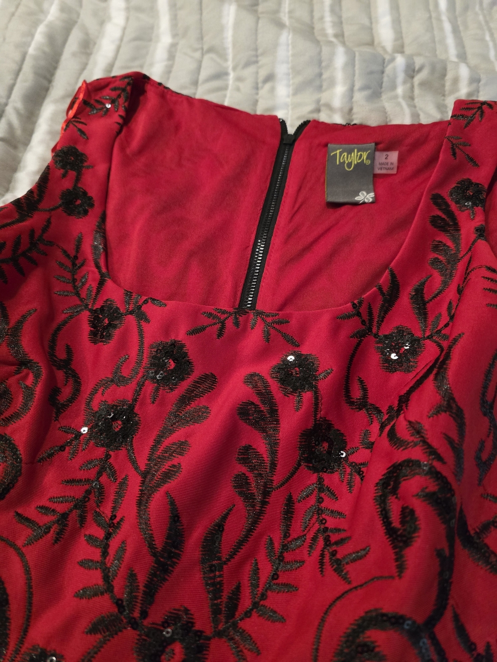 Taylor Red Dress with Black Sequin Floral Embroidery